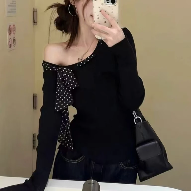 岚岚大码女装新款时尚高端单肩斜肩系带设计显瘦女神衫70623
