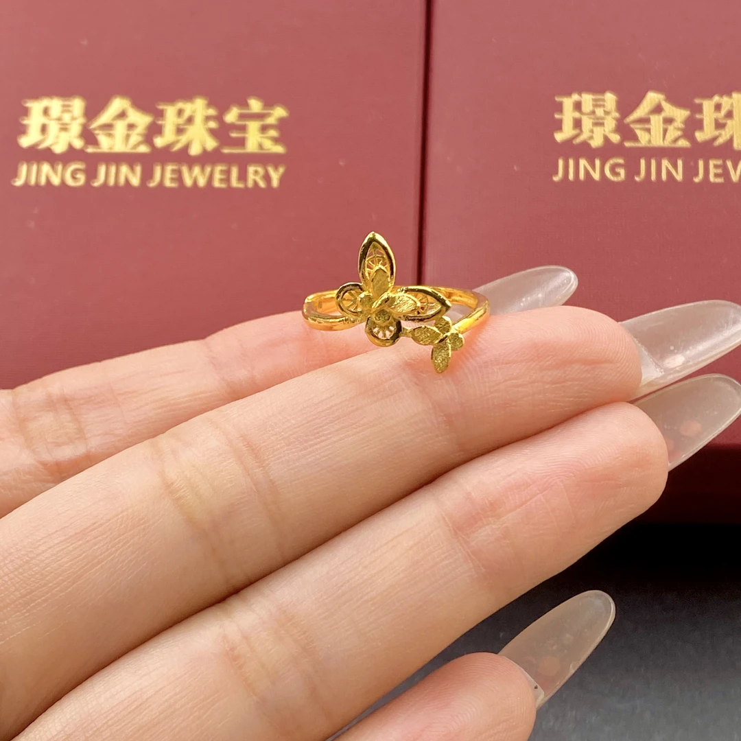 璟金珠宝足金999黄金精致镂空花丝双蝴蝶戒指圈口可调节金重2.66g