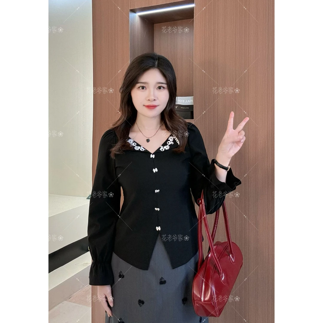 【仅上衣】花老爷微胖新款大码女装刺绣翻领精致小上衣HLY3516