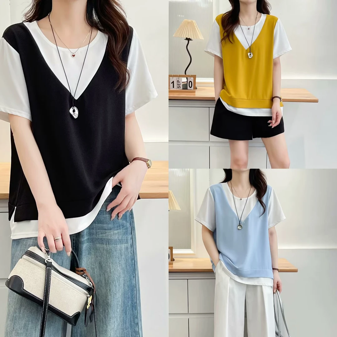 大码夏季新款洋气显瘦设计感假两件凉感短袖t恤2528