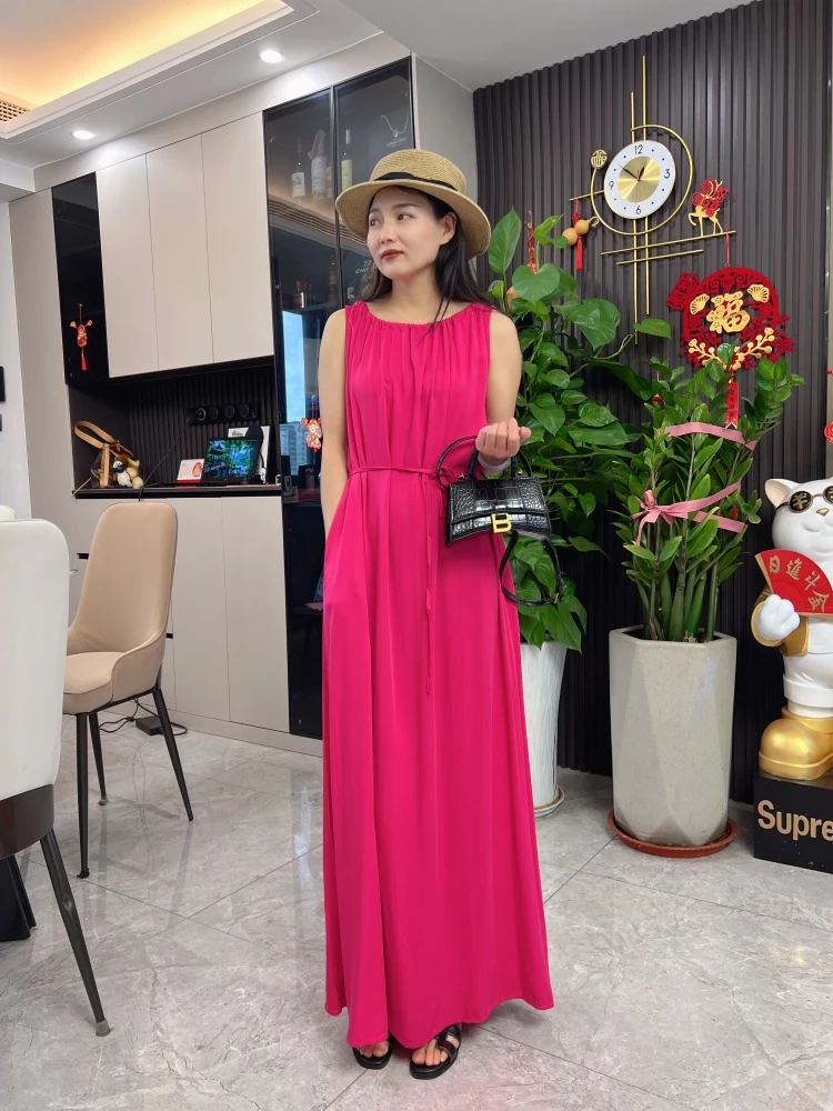 棉绸吊带连衣裙女夏简约无袖圆领宽松显瘦慵懒背心裙人造棉沙滩裙