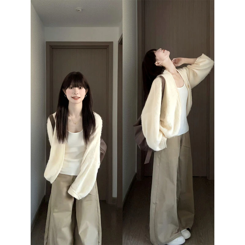 韩系松弛感针织衫蝙蝠袖大廓形毛衣开衫外套吊带显瘦直筒宽松裤子