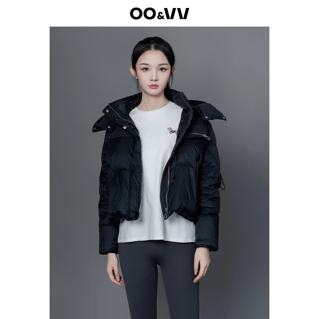OO&VV连帽短款2025冬季休闲风羽绒拼接立领女休闲潮流女装轻薄