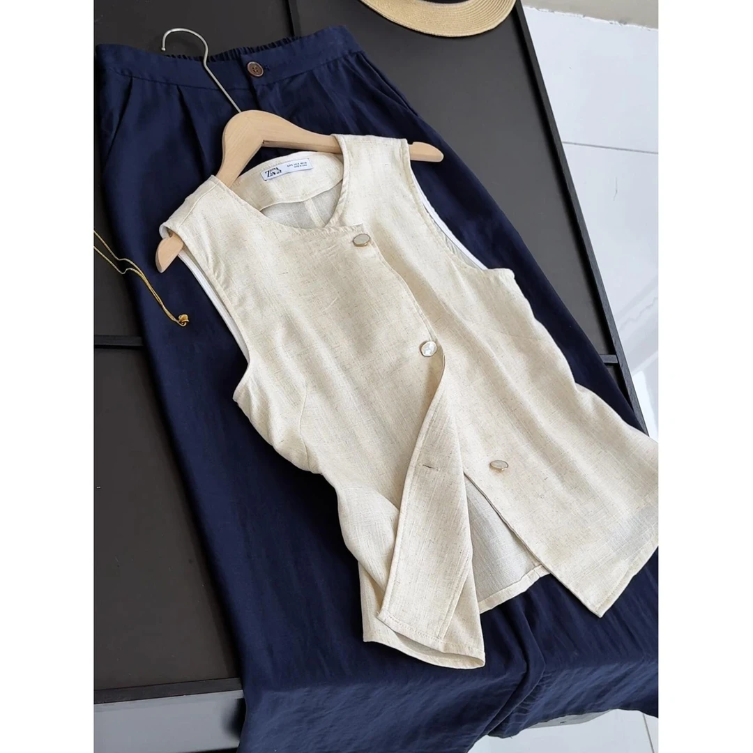 夏季设计款不对称亚麻圆领无袖双襟背心