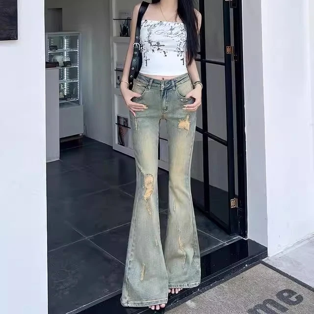 复古蓝破洞微喇叭牛仔裤女秋季新款高腰修身拖地裤潮印花设计感