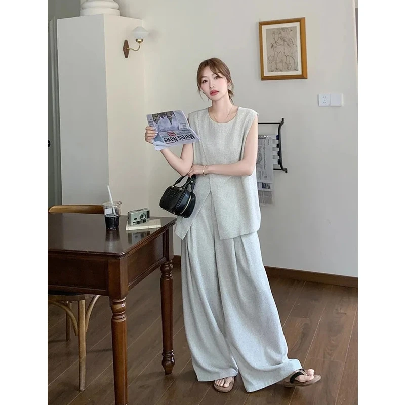 胖mm大码300斤高级感时尚套装女夏季宽松无袖背心+阔腿裤两件套潮