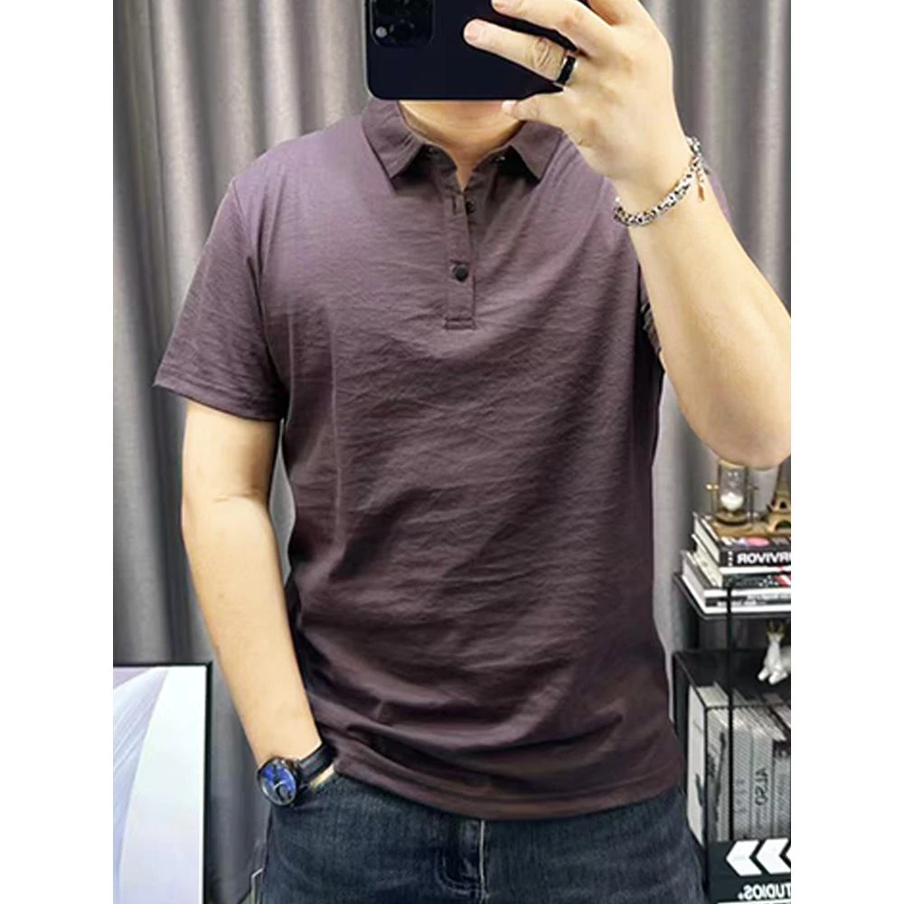 棉麻短袖polo衫男2025夏季新款纯色翻领修身上衣男士薄款半袖t恤