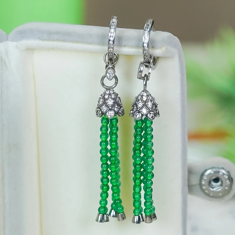 天然翡翠A货耳钉女925银镶嵌辣绿翡翠耳坠流苏小米珠耳包