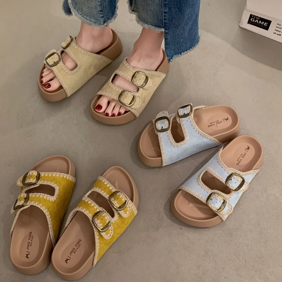 贾不假拖鞋女款外穿2025新款复古风时尚凉拖软底防滑百搭增高勃肯