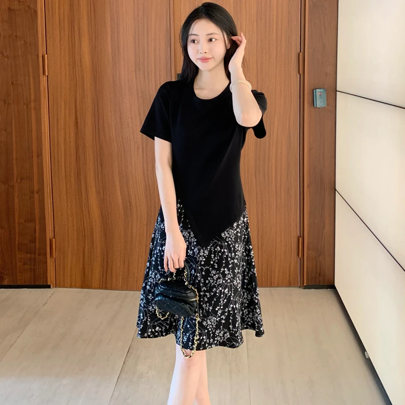 2025新款法式甜美收腰显瘦裙子大码胖mm碎花拼接假两件连衣裙664