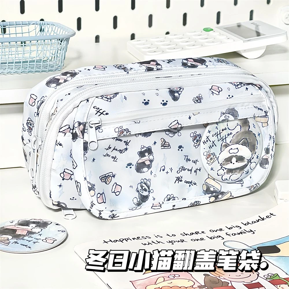 ins可爱高颜值印花冬日小猫透明痛包笔袋中学生大容量多层文具盒