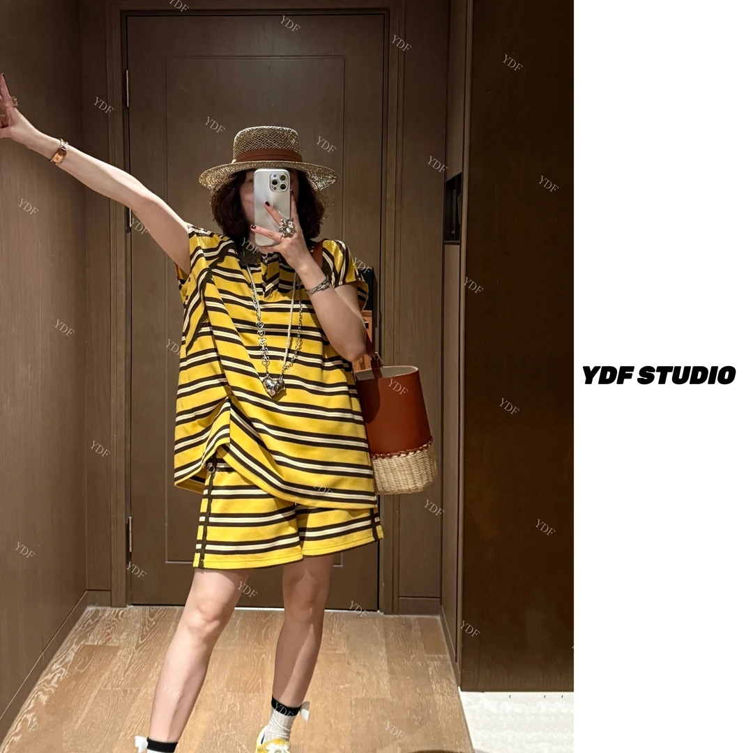 YDFSTUDIO小众【多维格调】欧货高品条纹蕾丝花边设计上衣+短裤套装