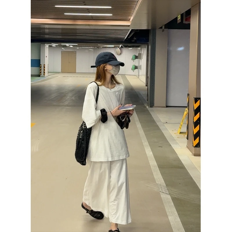 懒人row风竹节棉纱 宽松短袖T恤/直筒九分裤套装 80988