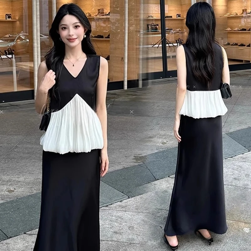 时尚套装女2025夏季新款洋气显瘦假两件拼接无袖上衣半身裙两件套