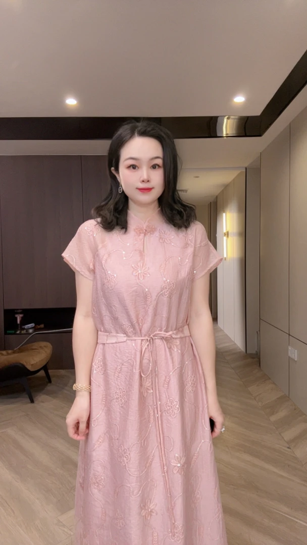 系带粉色女士温柔国风中长款连衣裙