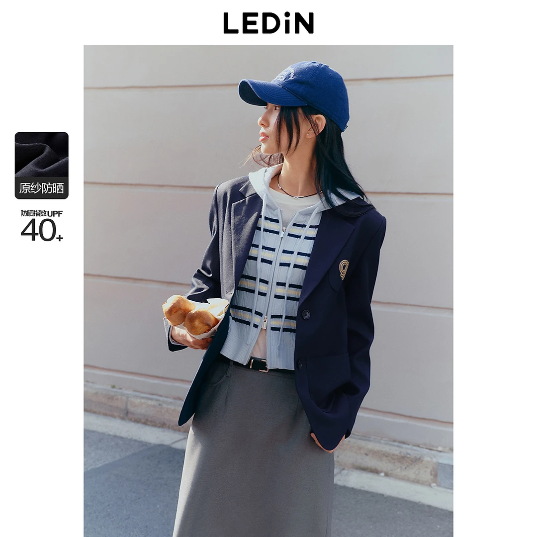 【防晒西装】乐町韩系通勤2025春季新款miu系藏青色刺绣西服外套