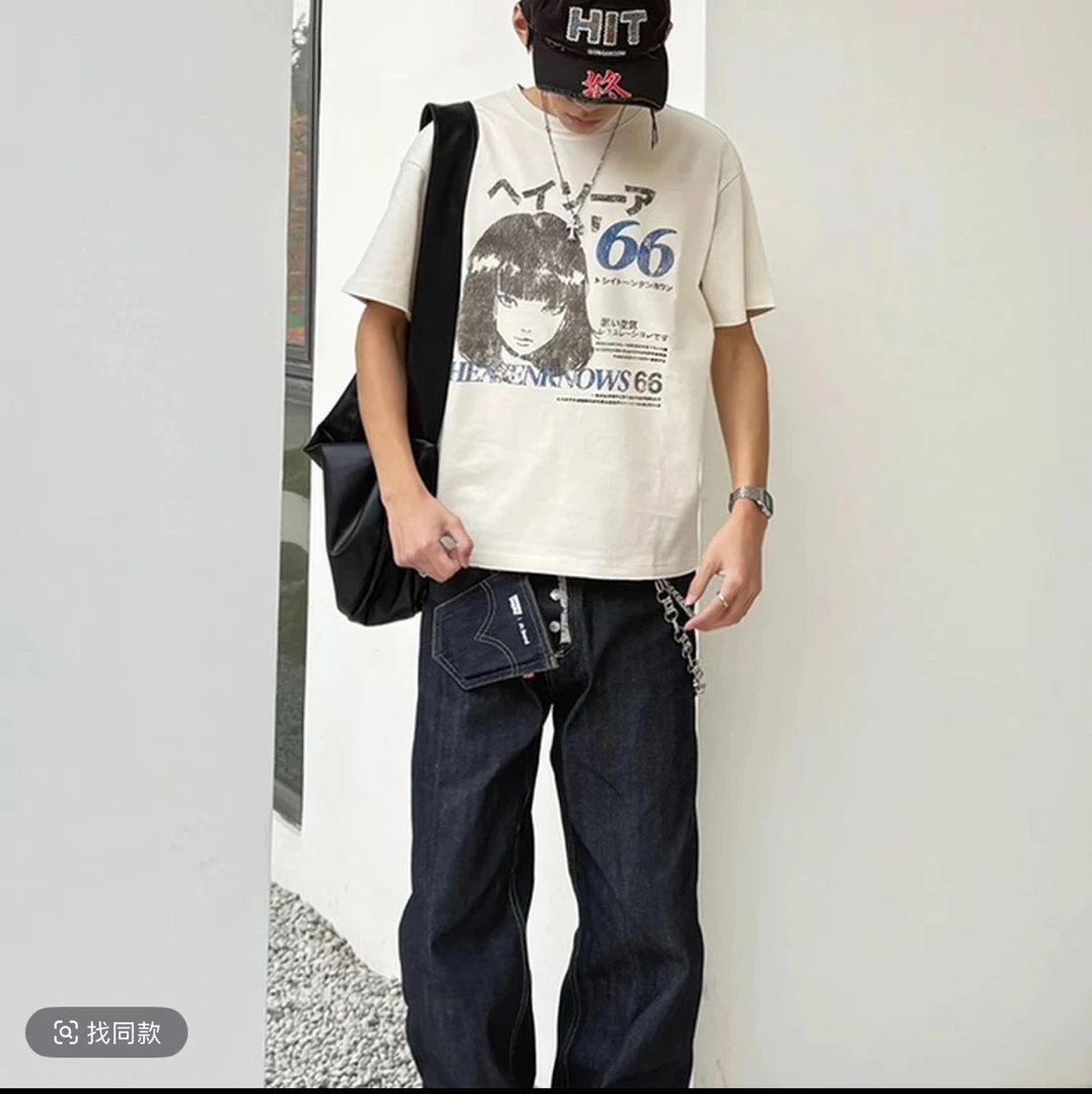 美式复古做旧手绘漫画少女款男士女士棉T