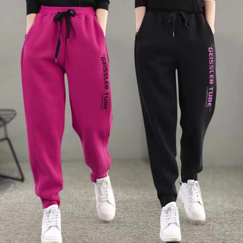 韩式女性宽松裤2025新款流行秋冬女性运动裤羊毛衬里加厚阔腿休闲