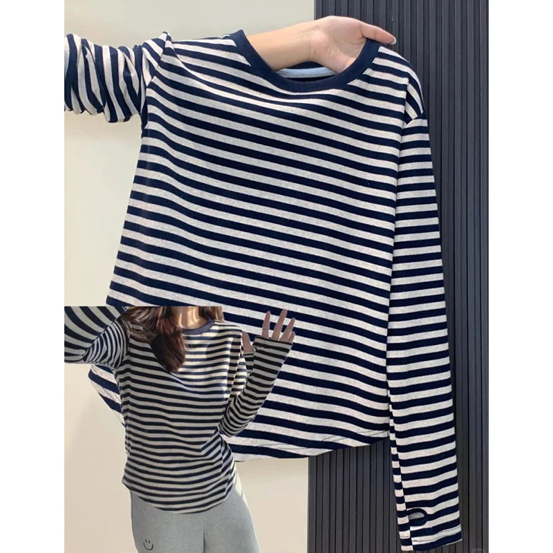 大码200斤法式别致条纹设计感正肩长袖t恤女弧形下摆遮肚打底衫春