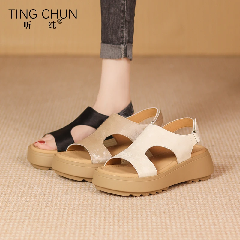 听纯18032夏季2025厚底真皮凉鞋舒适透气软底复古外穿露趾时尚女