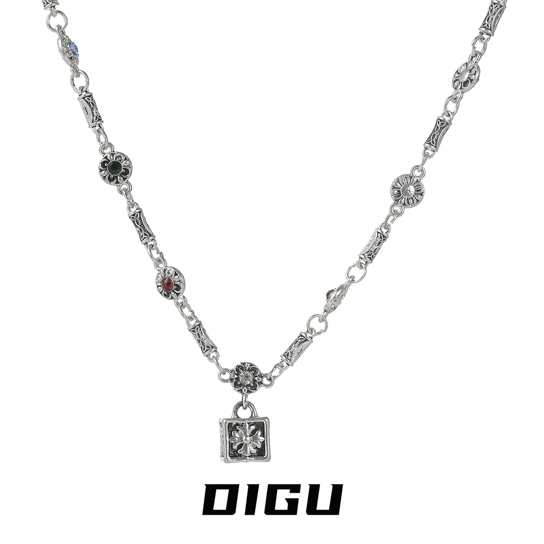 嘀咕家 铜合金合成锆石项链 欧美风十字花小方块吊坠项链女锁骨链