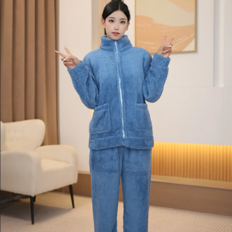 232款蓝色拉链-常规款冬季苹果中年卡通睡衣冬款保暖少女秋季毛绒
