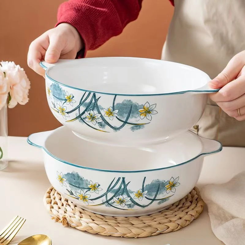 【2只装】9英寸双耳水仙花大汤碗高温釉下彩陶瓷