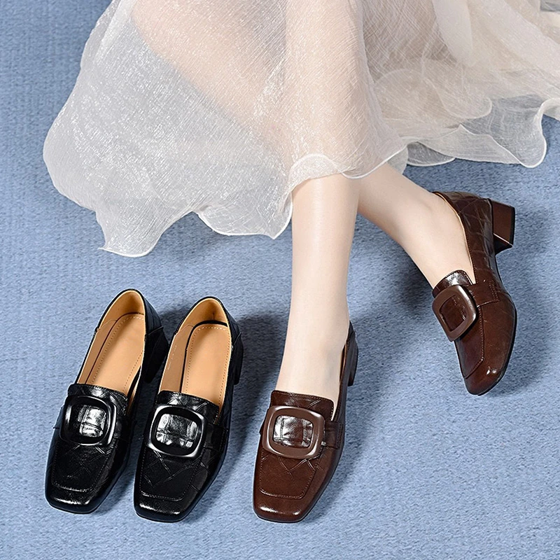 乐福鞋时尚粗跟低跟方头磨砂皮单鞋春季百搭软底单鞋漆皮深口