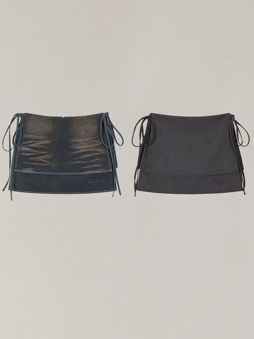 陈陈严选设计感假两件绑带牛仔半裙