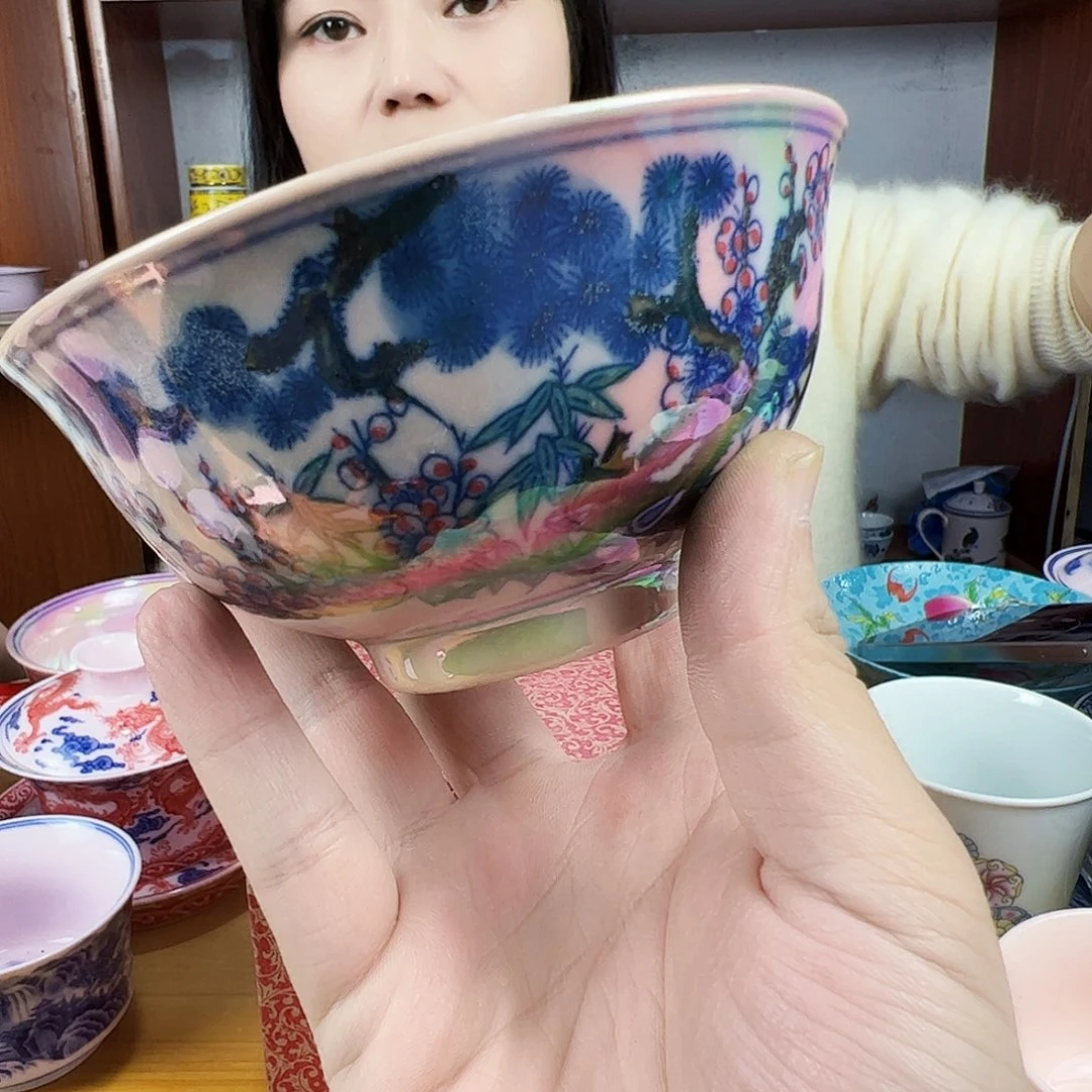 摆件瓷景德镇陶瓷红xixi蛤蜊松竹梅4.75寸碗