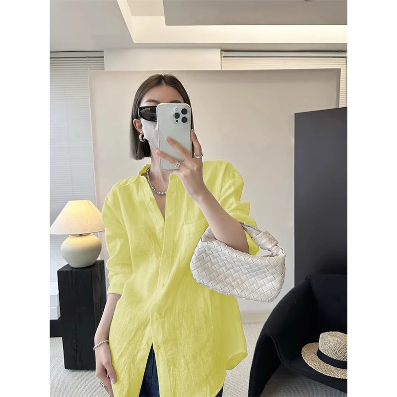 纯亚麻衬衫女白色宽松棉麻防晒百搭廓形2025春夏新款网红短款t恤