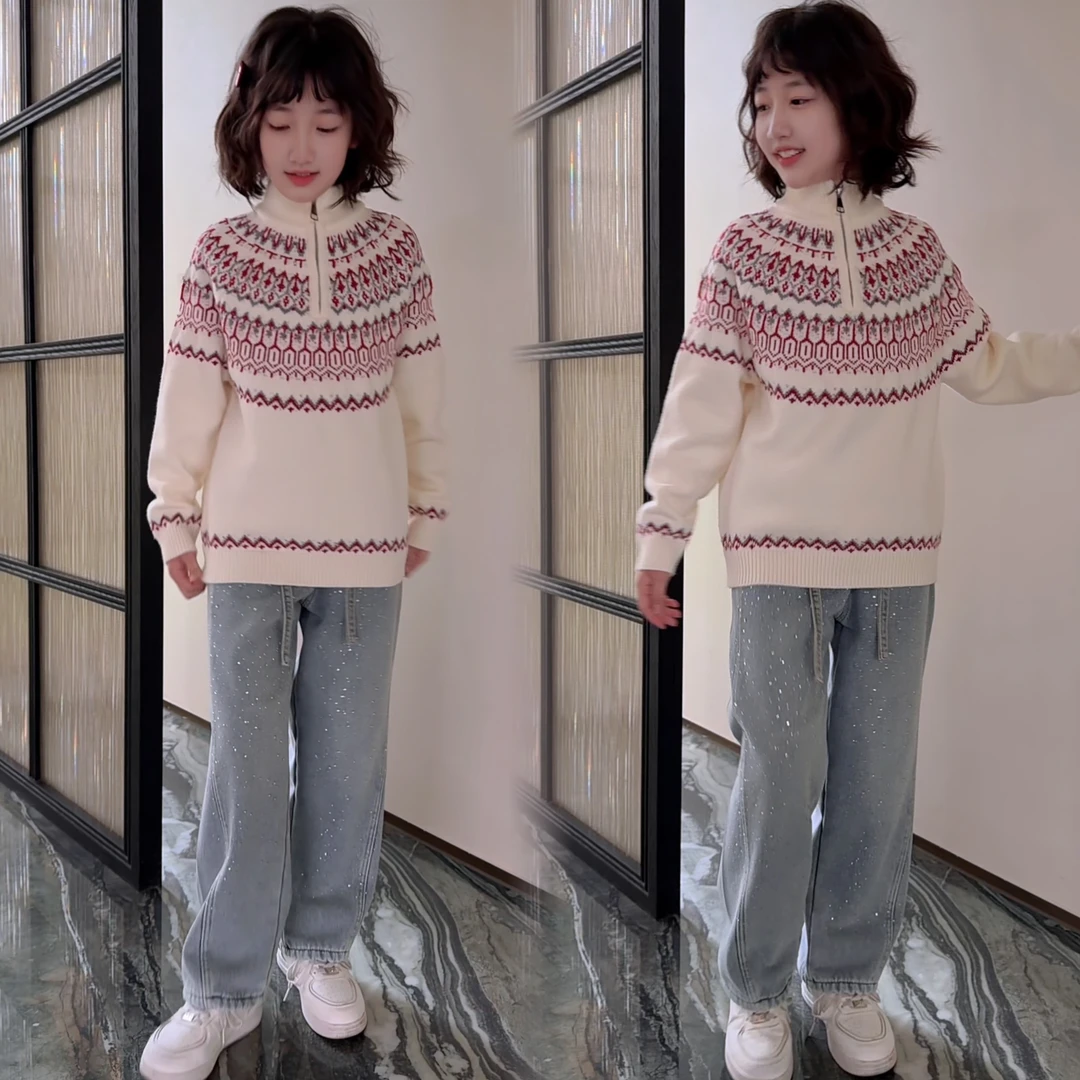 120-180码 女童秋冬费尔岛半高领拉链毛衣满天星钻韩版弯刀裤套装