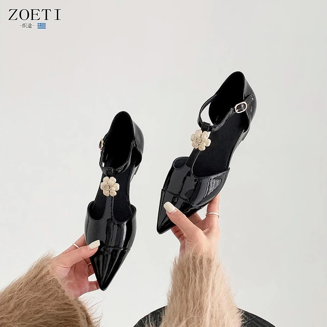 ZOETI织途小香风山茶花坡跟一字带凉鞋子女2025夏季新款尖头平底