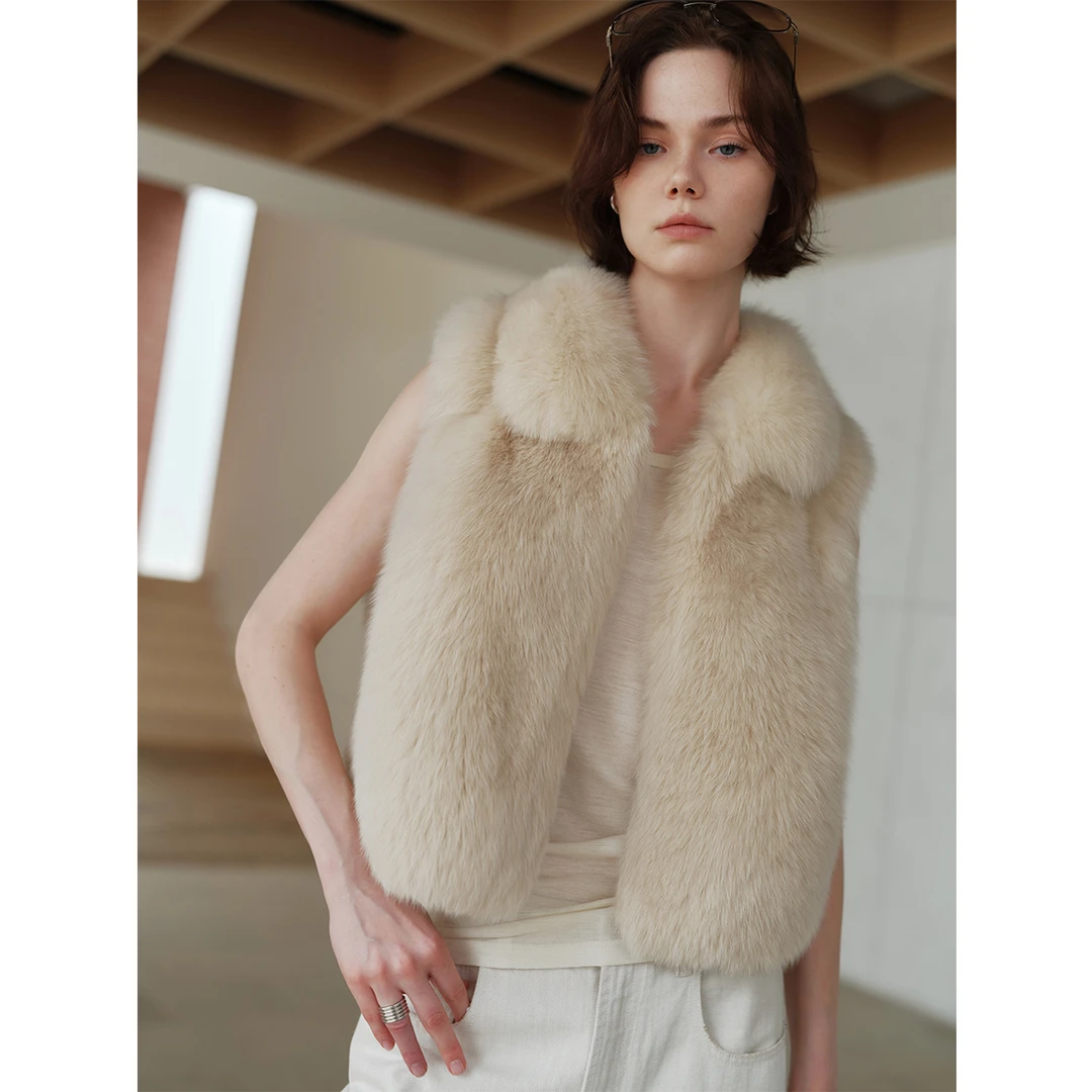 MSBEAST软糯厚实saga整皮狐狸背毛翻领叠穿皮草短马甲丨中古奶狐