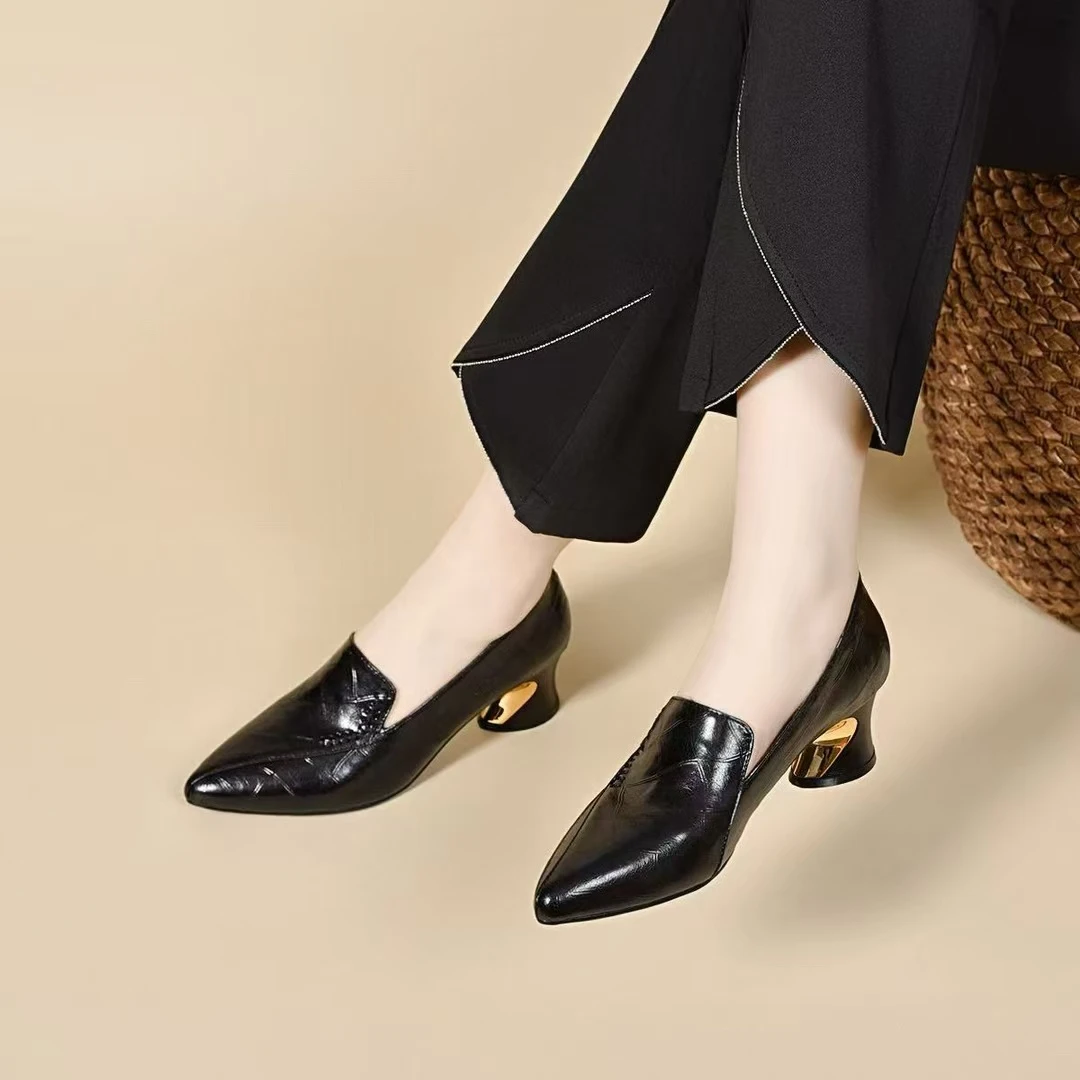 2025春秋新款粗跟高跟女鞋一脚蹬舒适百搭小皮鞋真皮尖头中口单鞋