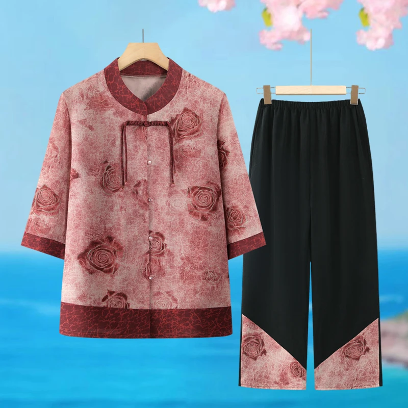 妈妈装夏季套装中老年人夏天两件套2025新款70岁老太太衣服裤子薄