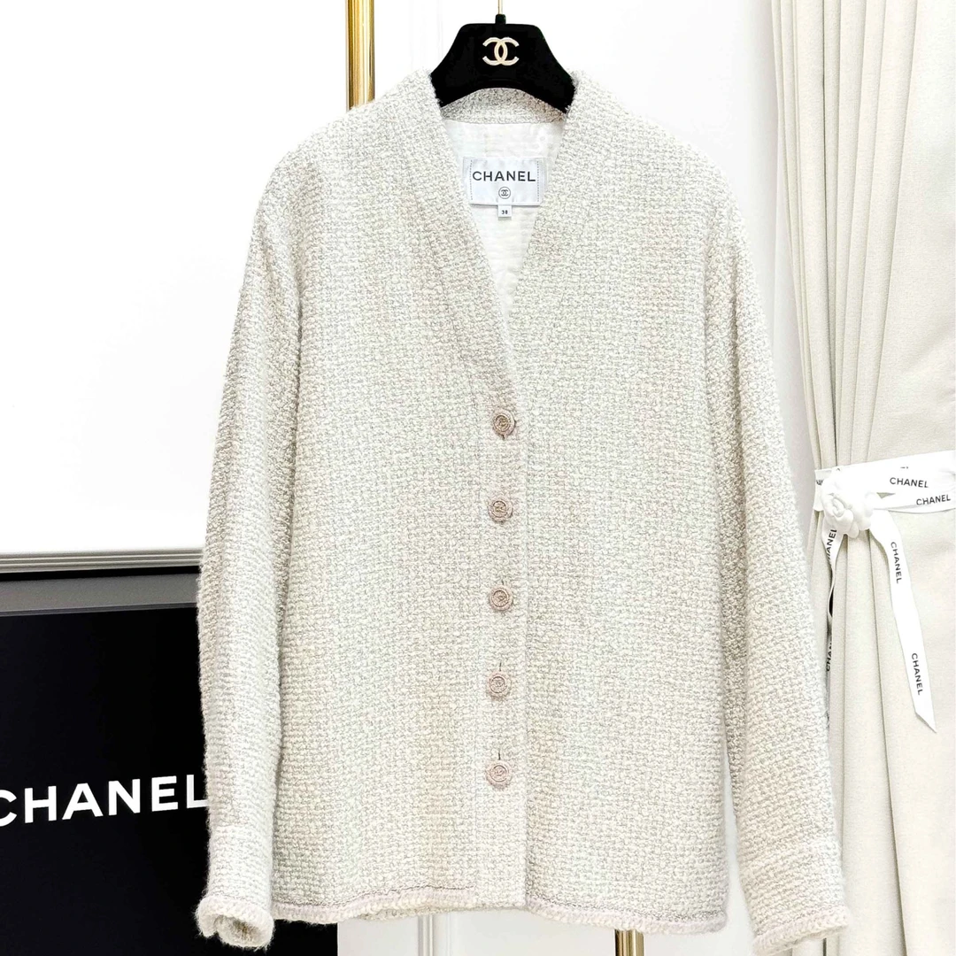 99新 Chanel/香奈儿 38码米色拼金色粉白色边长袖V领编织 外套