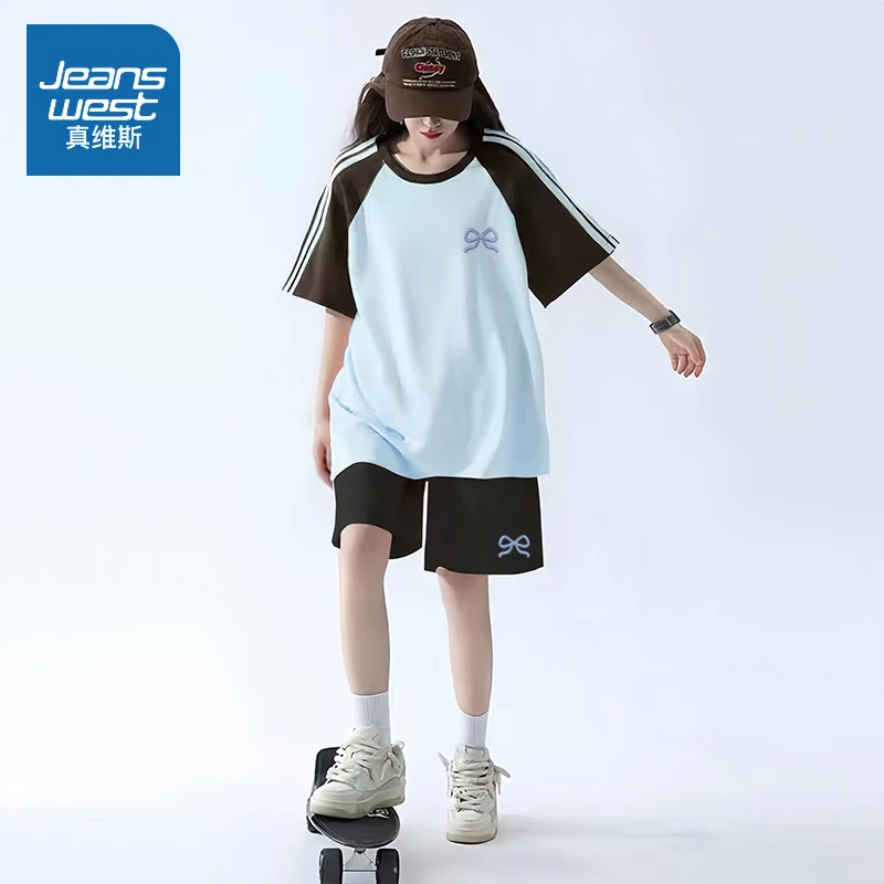 真维斯 休闲运动套装女2025新款夏季时尚洋气减龄短袖短裤两件套