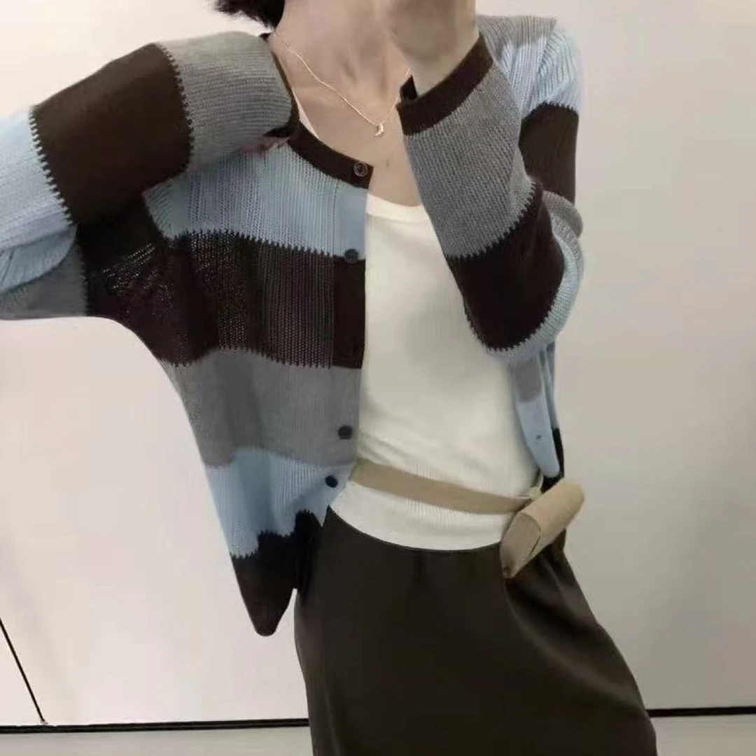 常规款打底条纹秋季休闲拼色毛针织衫针织圆领上衣