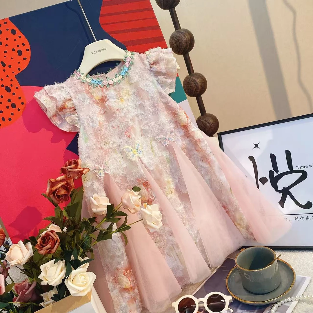 T2新款夏季女童粉色连衣裙碎花时尚女宝洋气韩版连衣裙80046