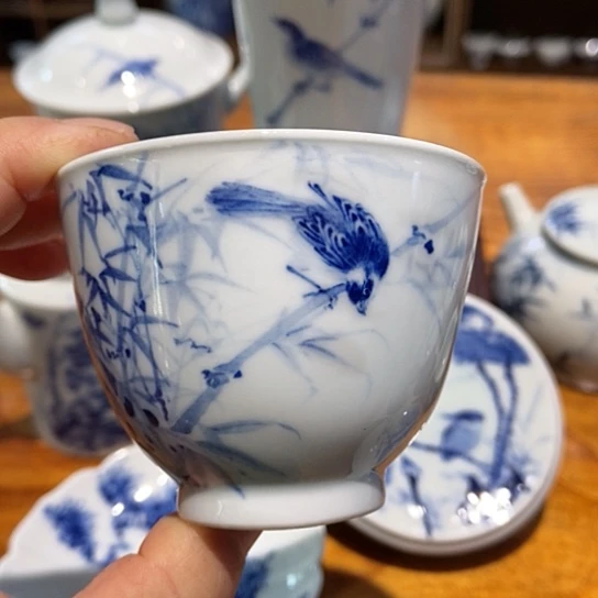 精工手绘竹鸟图杯杯