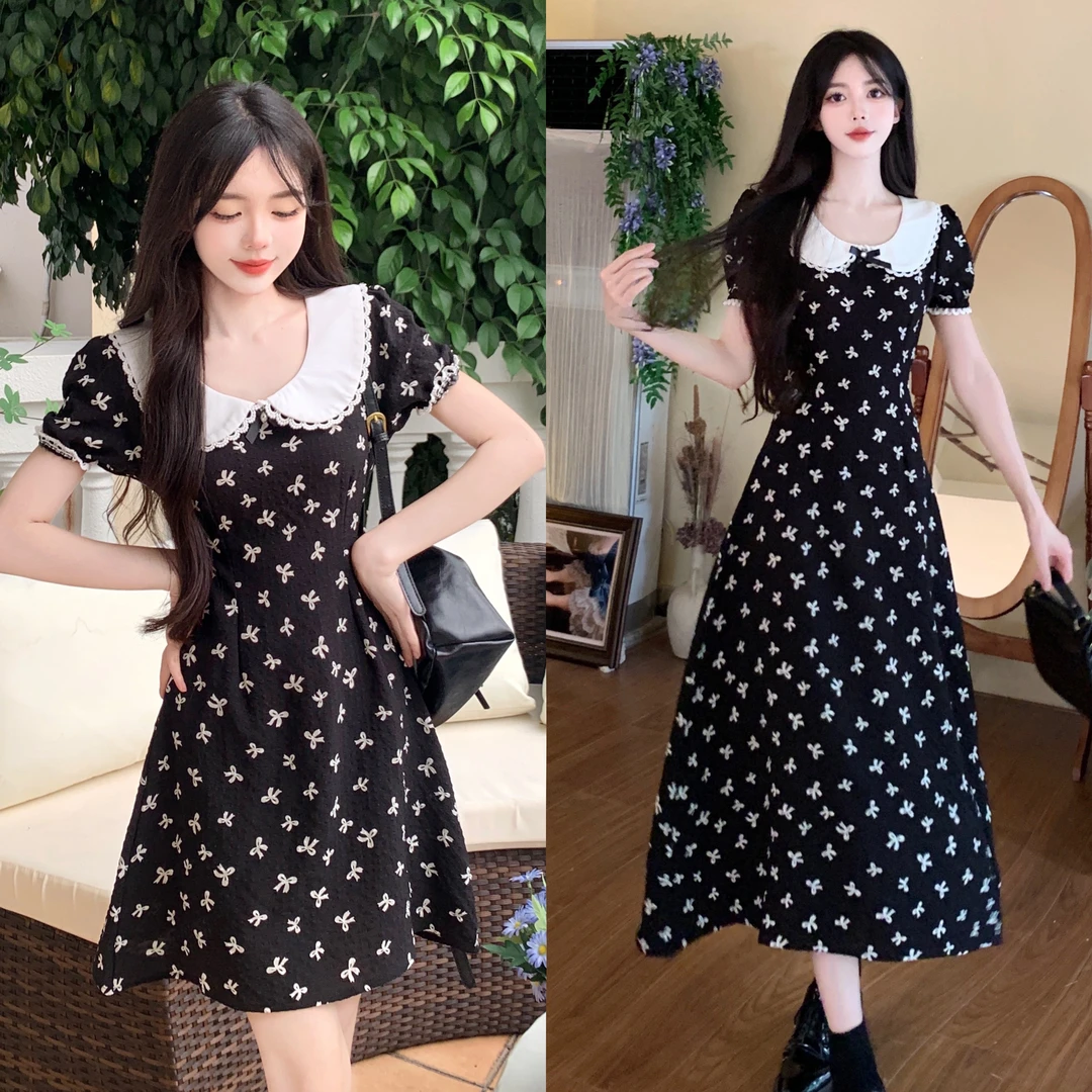 新款法式碎花连衣裙女夏气质大码娃娃领小黑裙长款