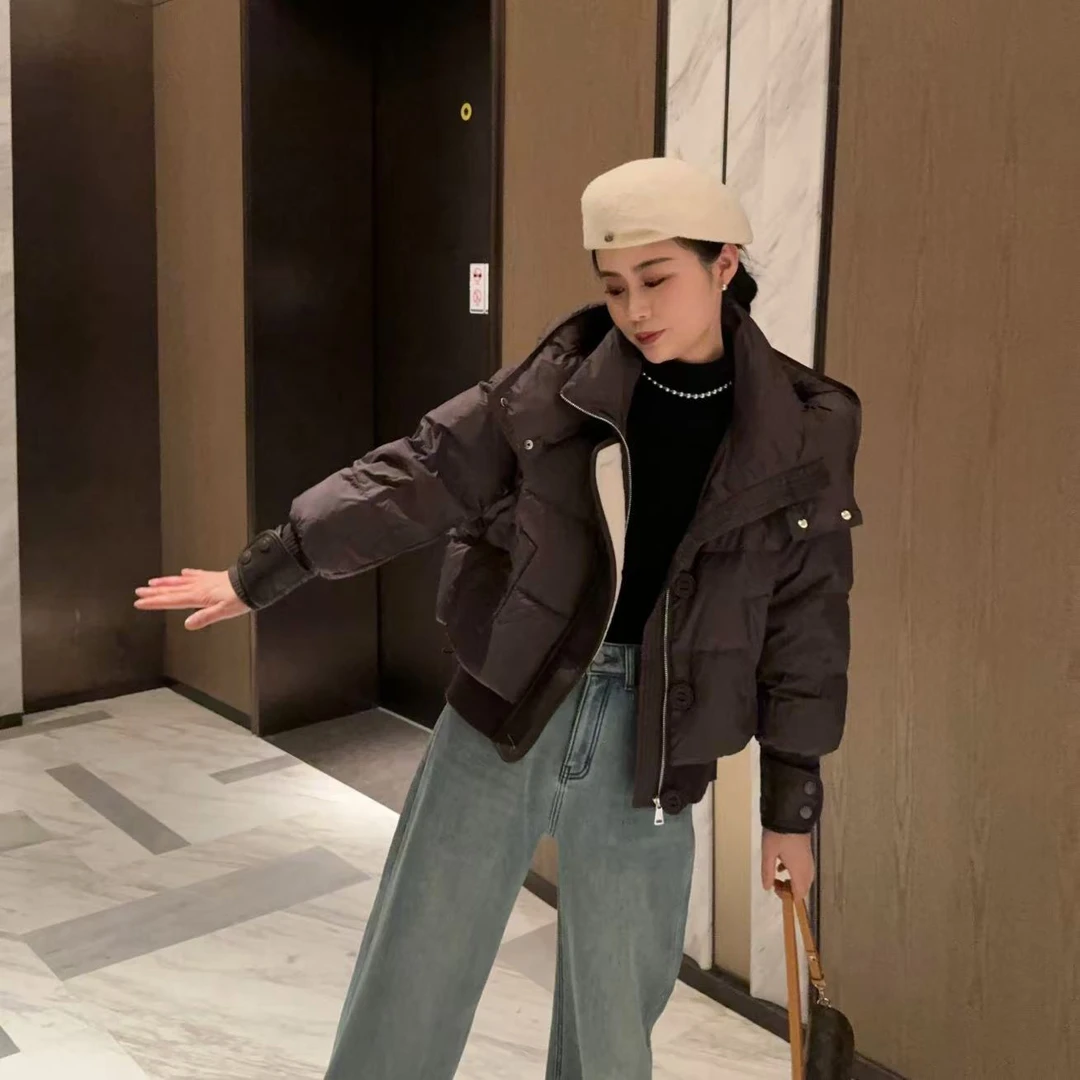 玳妮【小暖炉】冬季防风连帽针织拼接皮毛一体羽绒服保暖抽绳面包服