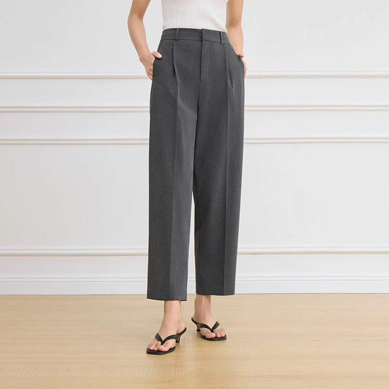 范思蓝恩灰色西装裤子2025春新款九分直筒裤高腰休闲裤25FS11266