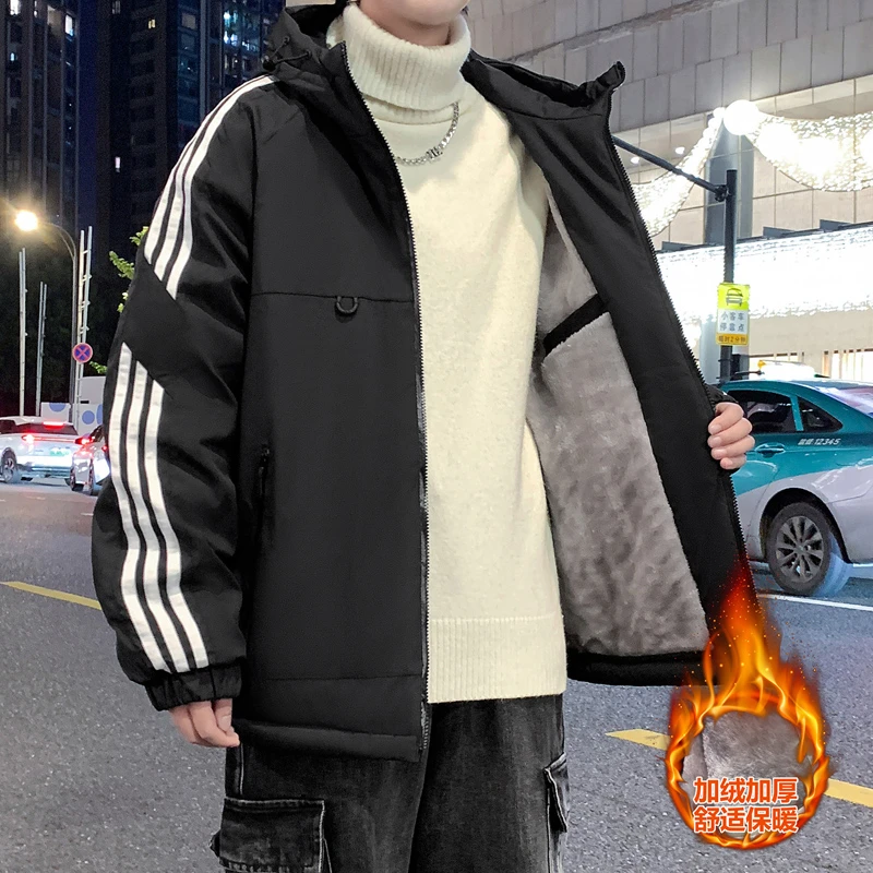 秋冬加绒加厚连帽夹克男生潮流休闲工装外套男士宽松百搭保暖上衣