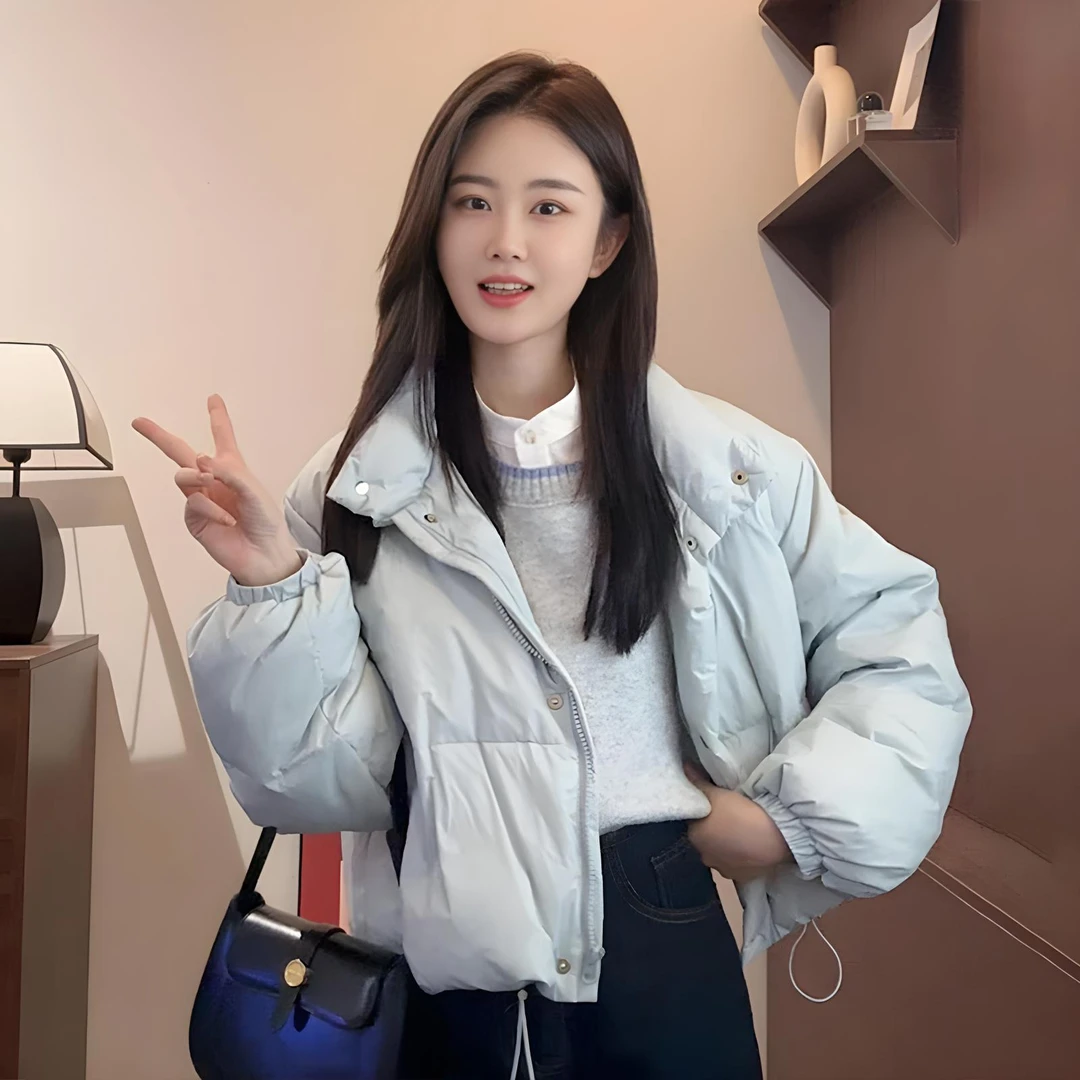 韩系时尚抽绳蓝色短款保暖棉服女冬季新款小个子超好看面包服外套