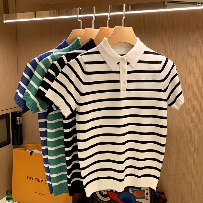 夏季潮流百搭条纹衫男简约透气翻领短袖经典款条纹针织恤休闲DS