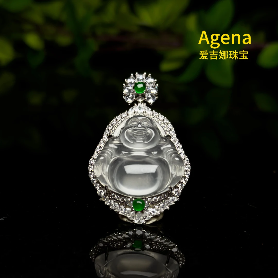 天然冰种非洲翠大号佛公吊坠s925加厚镀白金水沫石英质玉佛公项链