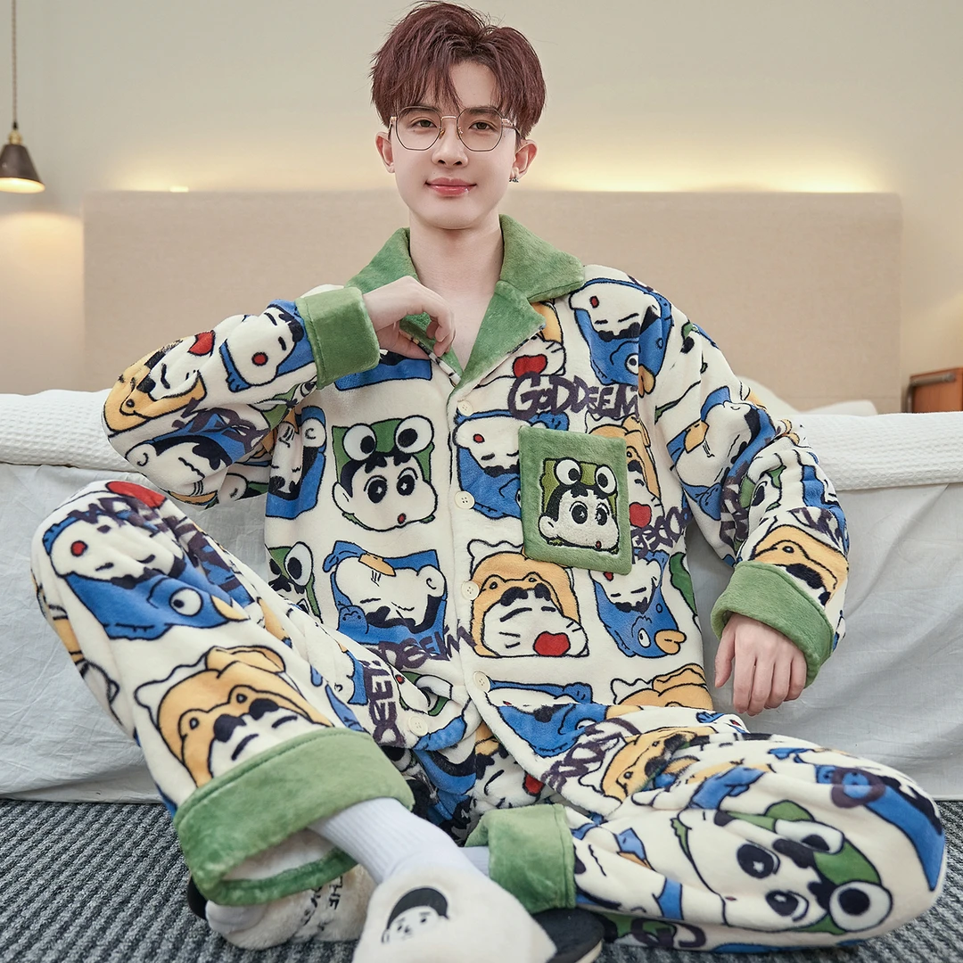 男士睡衣珊瑚绒秋冬季加厚加绒男款法兰绒加大码秋冬款家居服套装