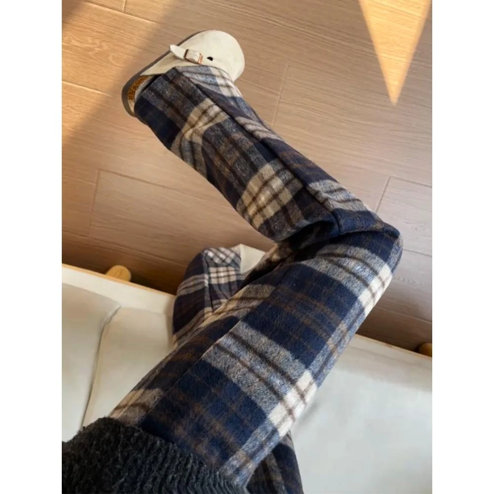 美式复古毛呢格子裤子男款冬季慵懒风加绒加厚卫裤阔腿运动休闲裤